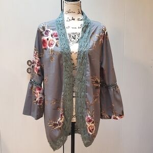 Womens Gray Floral Lightweight Flowy Cardigan/Kimono Lace Artsy Cover Up Sz.XL